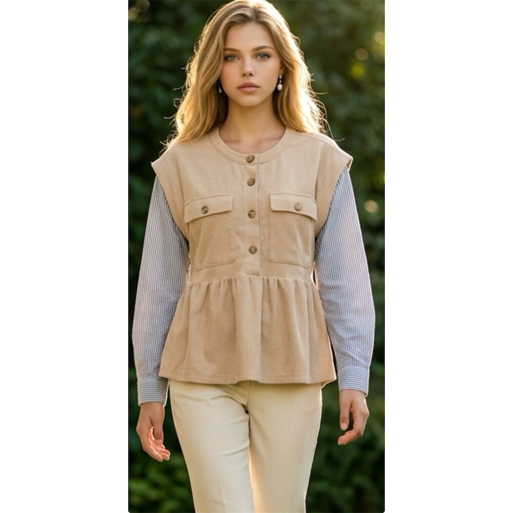In February Blouse Womens Size L Beige Colorblock Peplum Button Front NWT